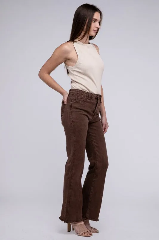 ZENANA Acid Washed Frayed Cutoff Hem Straight Wide Pants