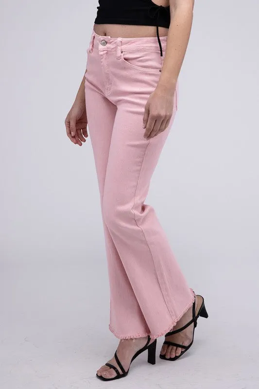 ZENANA Acid Washed Frayed Cutoff Hem Straight Wide Pants