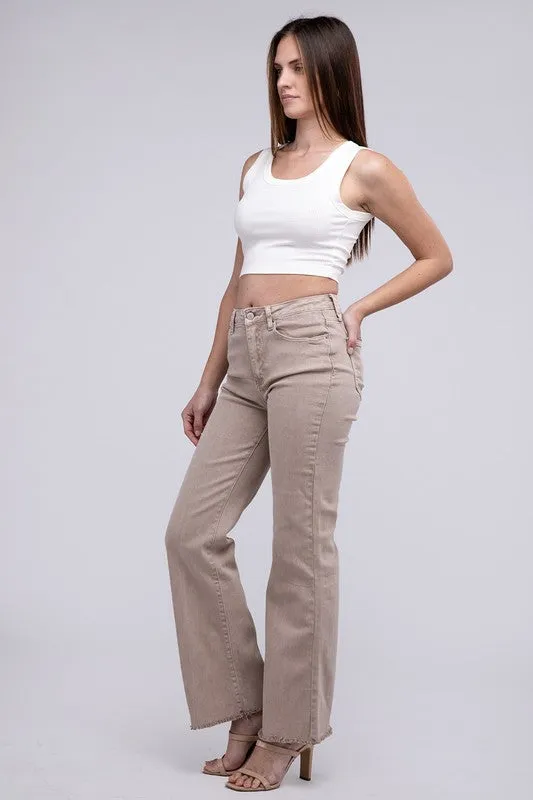 ZENANA Acid Washed Frayed Cutoff Hem Straight Wide Pants
