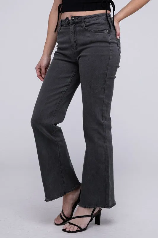 ZENANA Acid Washed Frayed Cutoff Hem Straight Wide Pants
