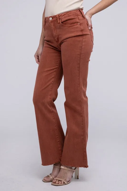 ZENANA Acid Washed Frayed Cutoff Hem Straight Wide Pants