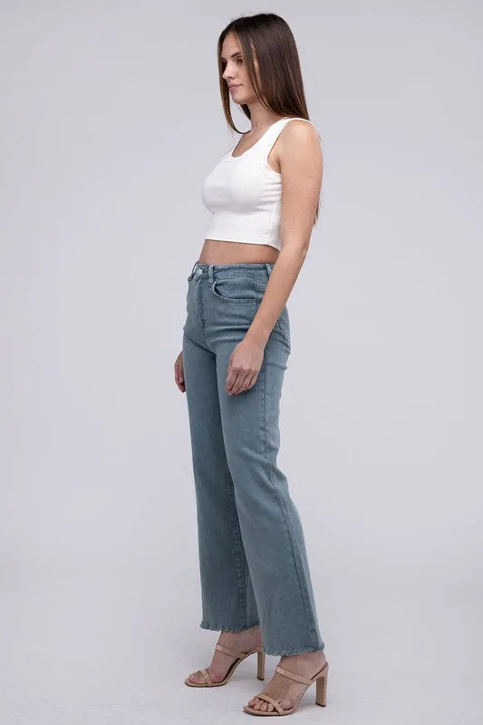 ZENANA Acid Washed Frayed Cutoff Hem Straight Wide Pants