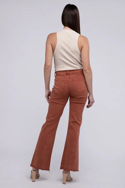 ZENANA Acid Washed Frayed Cutoff Hem Straight Wide Pants
