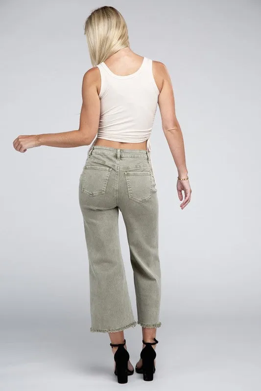 ZENANA Acid Washed High Waist Frayed Hem Straight Pants
