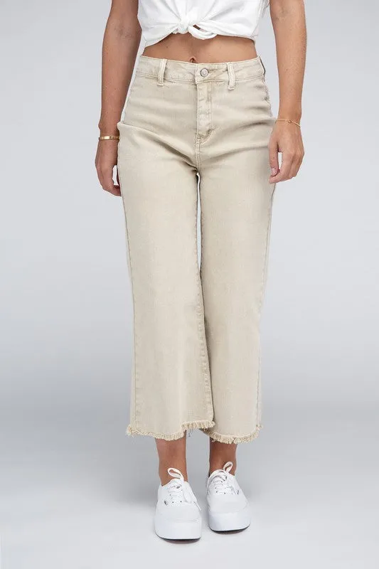 ZENANA Acid Washed High Waist Frayed Hem Straight Pants