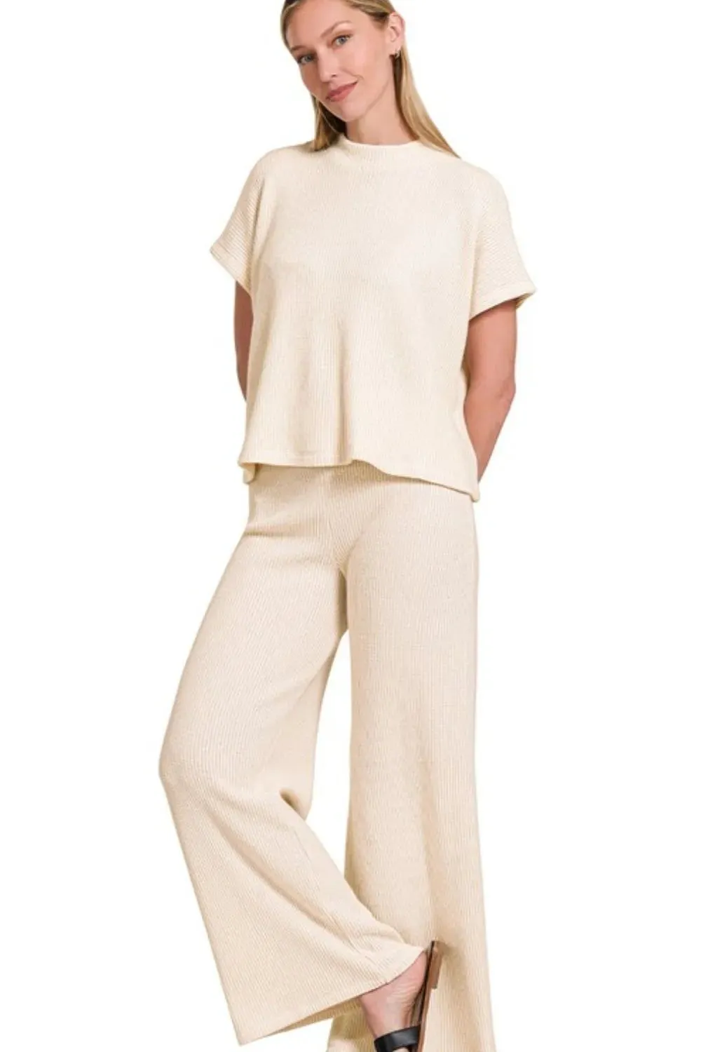 Zenana Rolled Sleeve Top and Pants Sweater Set