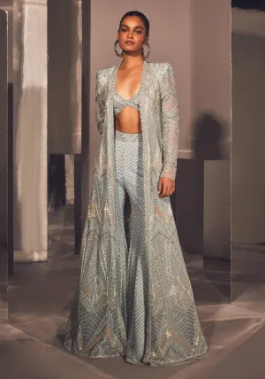 Zeynep iceblue silver jacket sharara set