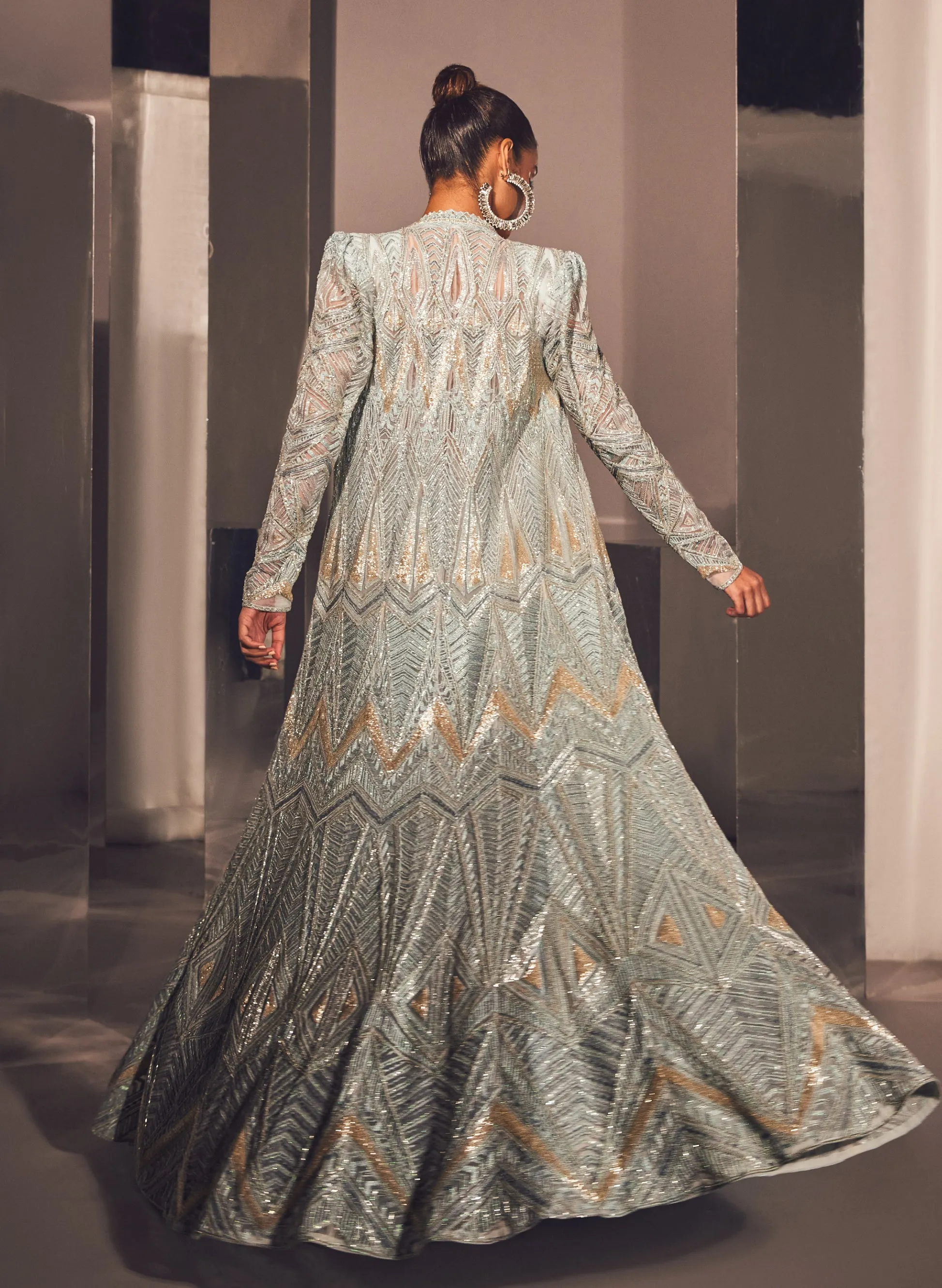 Zeynep iceblue silver jacket sharara set