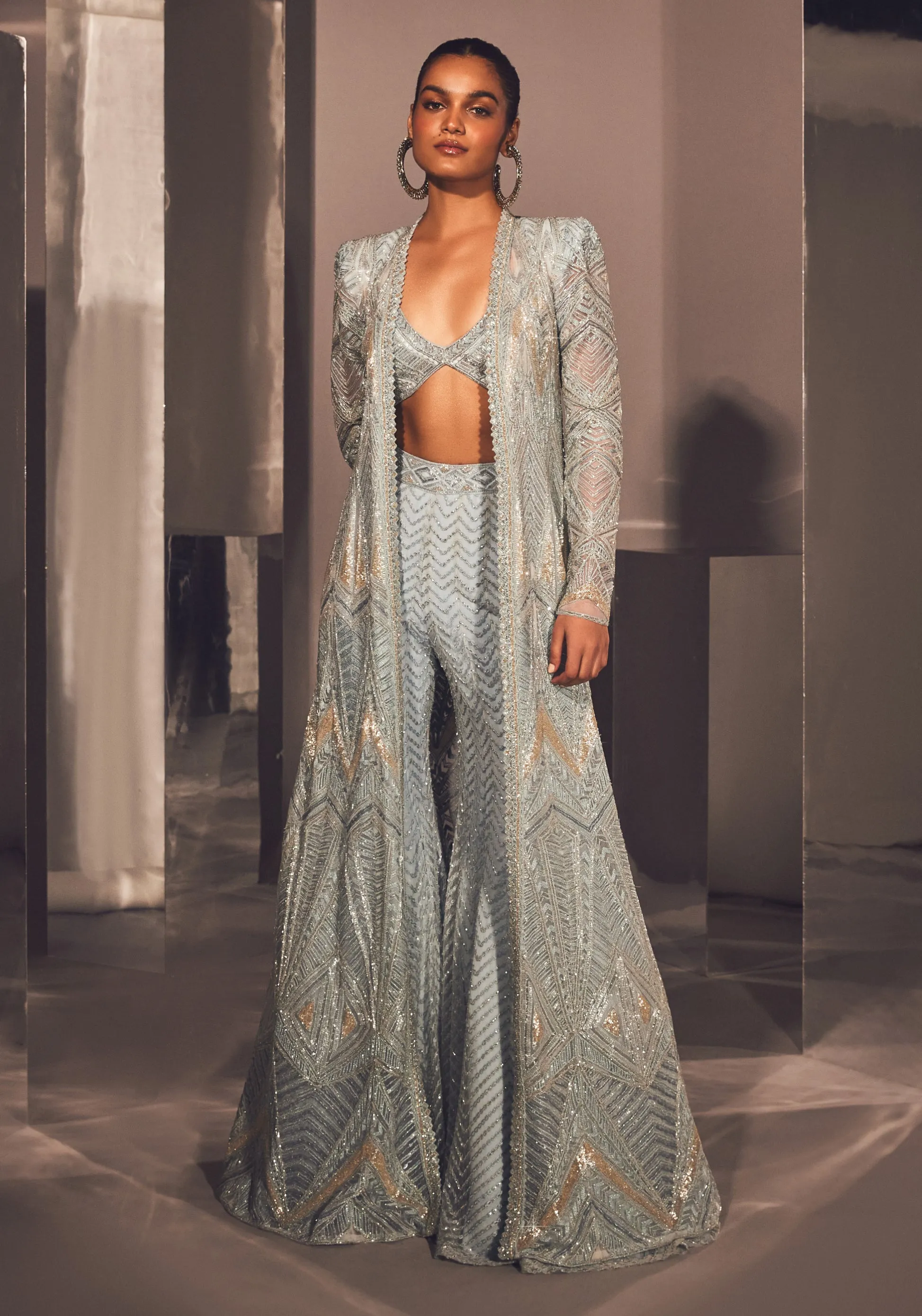 Zeynep iceblue silver jacket sharara set